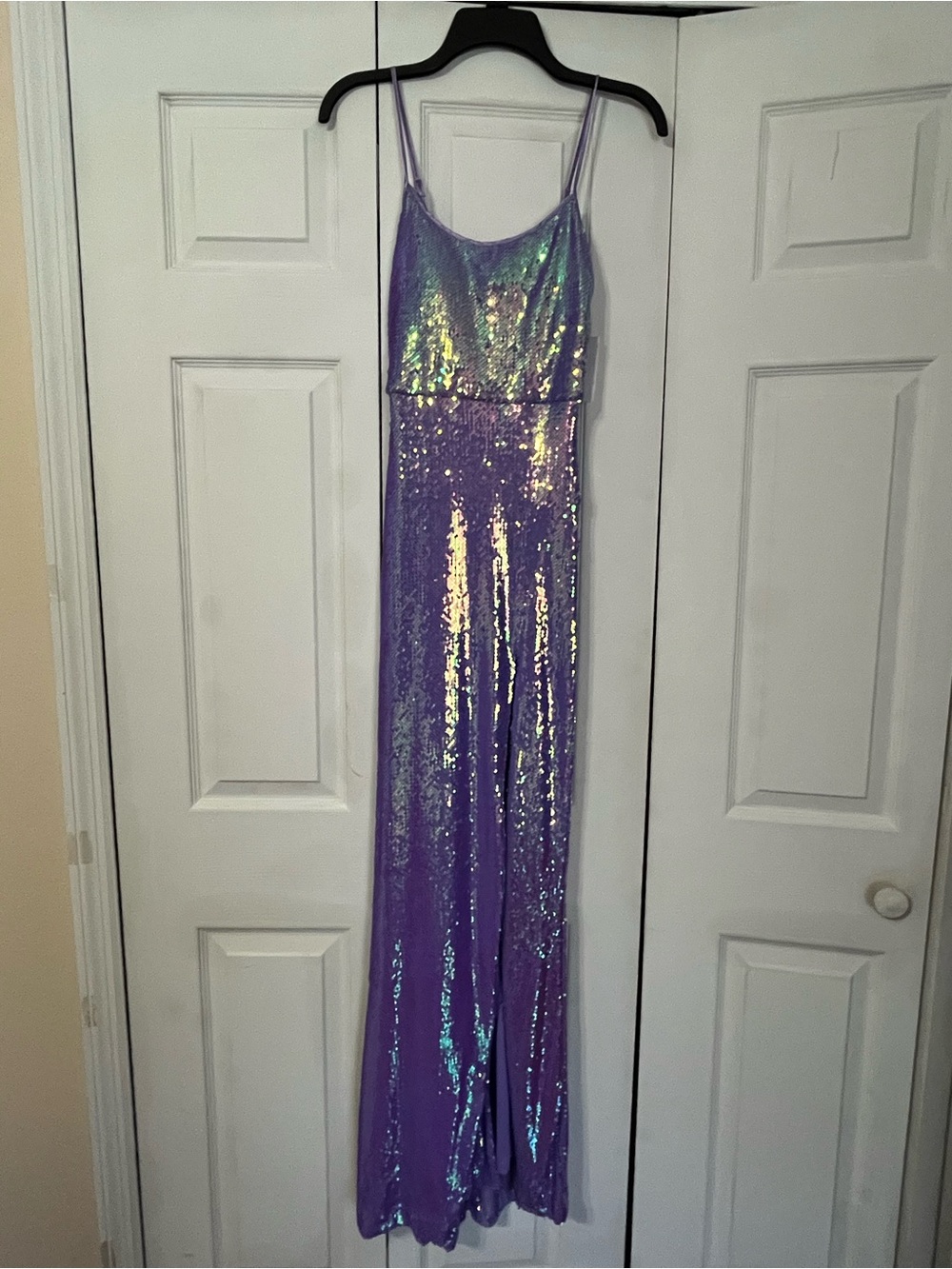 Iridescent Lavender Sequin Maxi Dress with Spaghetti Straps